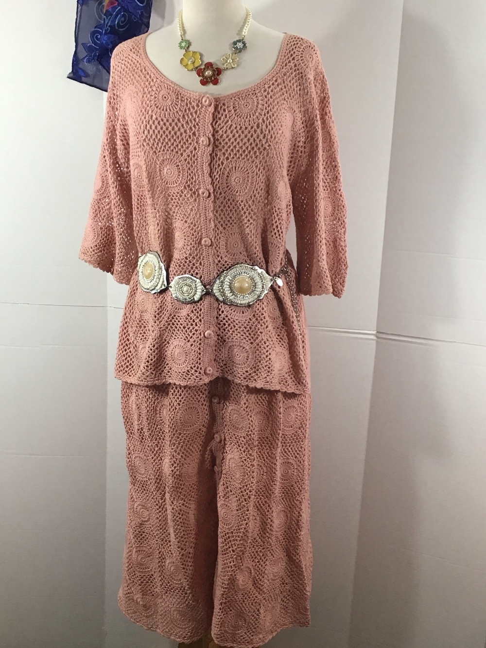 J. M. Pink vintage dusty pink hand crocheted 2 pc skirt set L retro